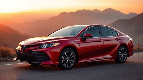 Red Toyota Camry Hybrid parked on a mountain road at sunset.