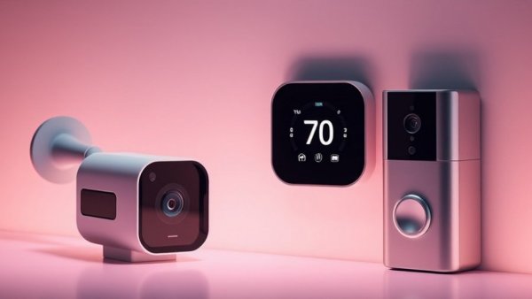 Modern smart home devices on pastel background for Memorial Day Smart Home Deals.