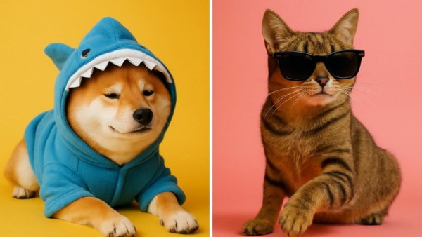 Pet costumes at Petco Memorial Day Sale: dog shark outfit and cat sunglasses.