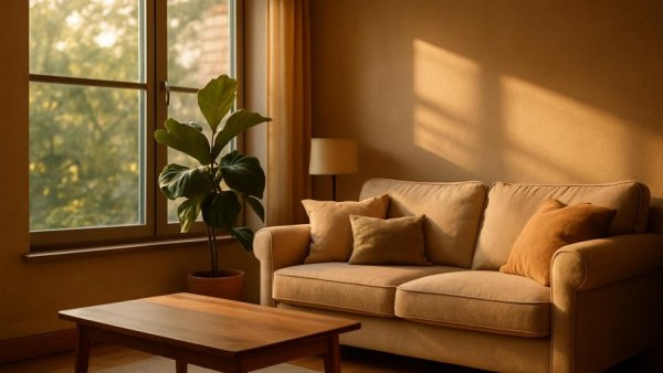 Energy-efficient windows in cozy living room with warm sunlight.