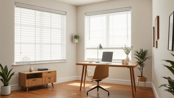 Modern home office with smart home automation blinds.