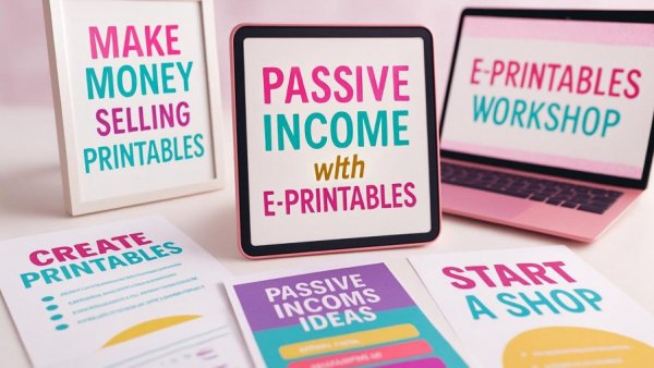 Digital display showing e-printables workshop for passive income.