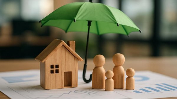 Umbrella Insurance for Military Families concept with miniature house and figures.