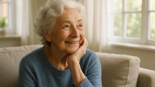 Elderly woman reflecting in a sunlit room, successful retirees habits.
