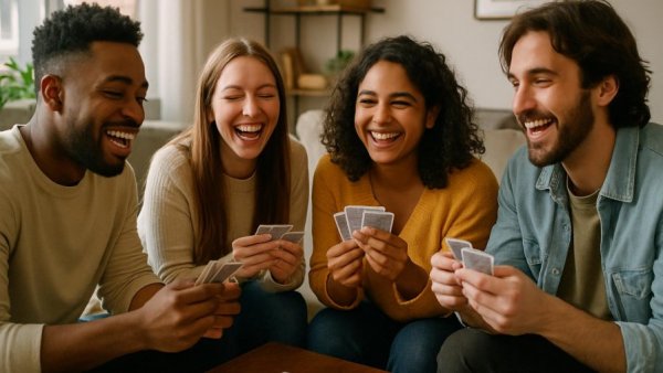 Friends playing card games indoors, enjoying a lively gathering.