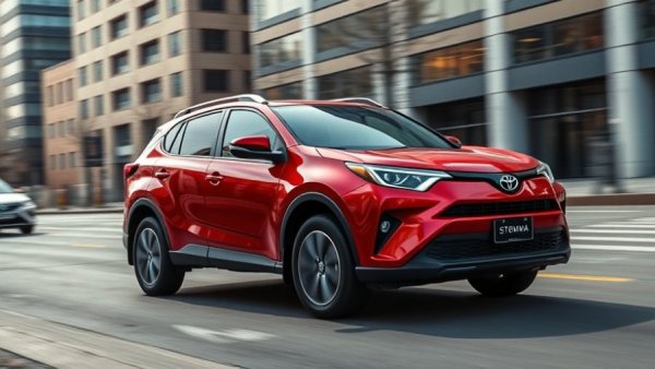 Modern red Toyota SUV driving through city streets