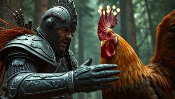 Epic forest battle scene with warrior and giant rooster, Fable delay February 2027.