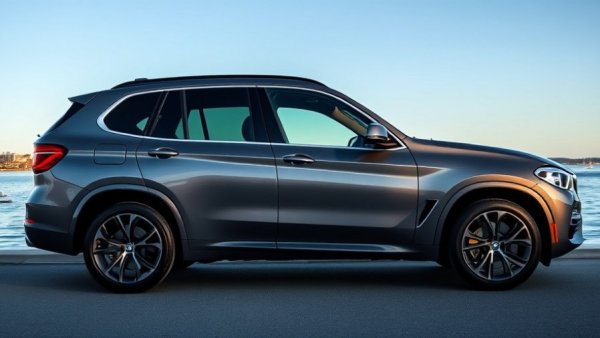 Gray used BMW SUV parked by water on a sunny day.