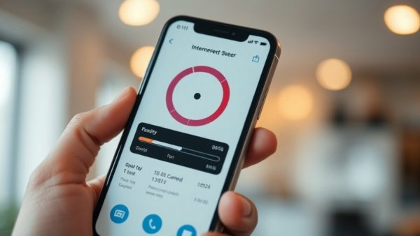 Smartphone showing internet speed test results in a blurred indoor setting.