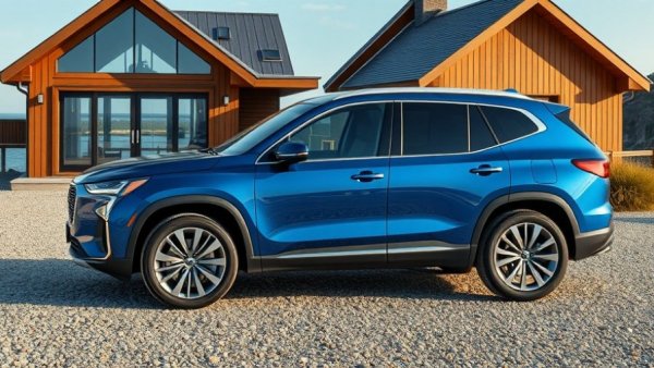 Sleek blue family SUV on gravel near the coast.