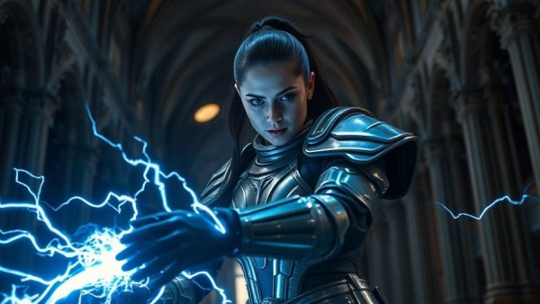 Stellar Blade Blood Rain warrior unleashing electric powers in cathedral.