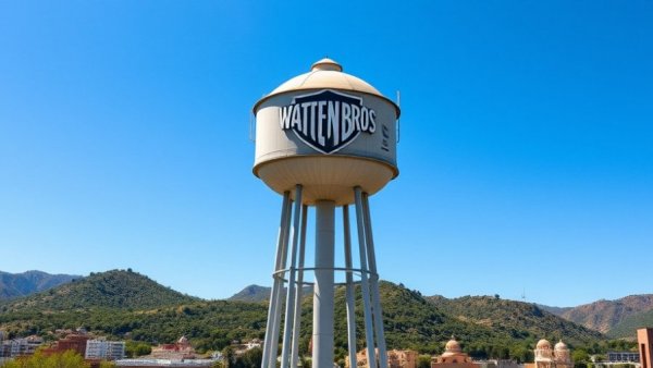 Warner Bros. water tower at studio lot under blue sky.
