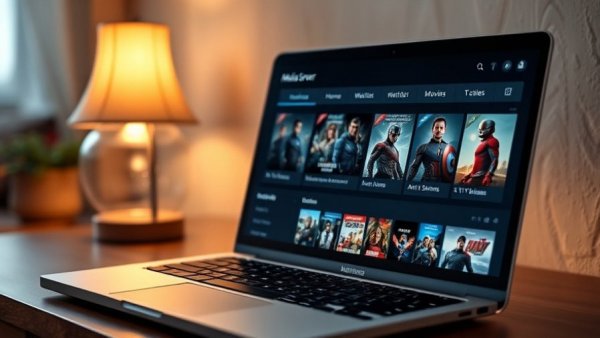 Media server interface for self-hosting apps on laptop with movies displayed