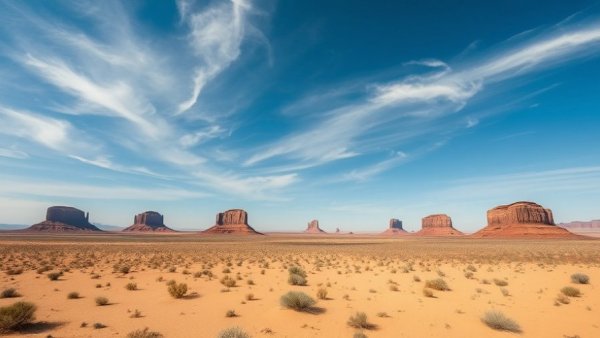 Desert landscape under blue sky and clouds, emphasizing vastness.