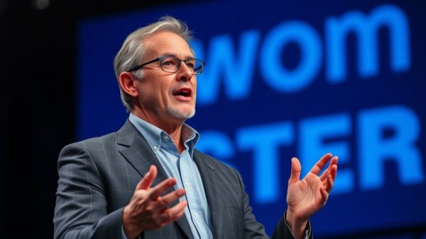 Man discussing technology at a conference.
