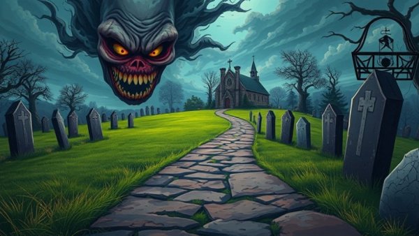 Creepy cartoon churchyard illustration from Creepshow video game release.