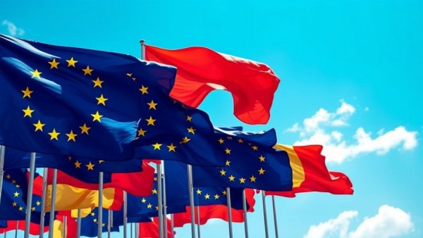 European Union flags waving under a sunny blue sky.