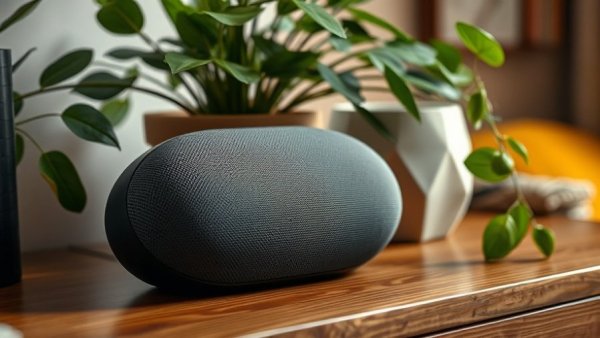 Modern Nest Audio speaker on table with plants, warm indoor setting.