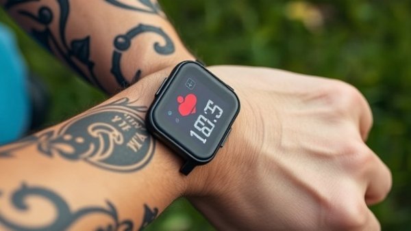 Fitness tracker on tattooed wrist outdoors; testing functionality.