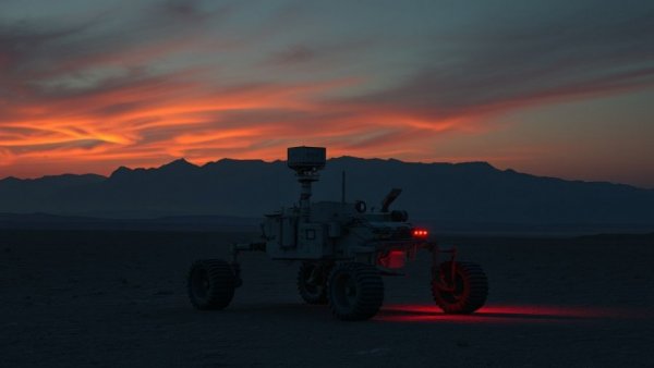 NASA ERNEST rover at dusk in desert landscape with glowing sky.