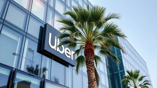 Uber office building reflecting sky and palm tree, related to passenger safety.
