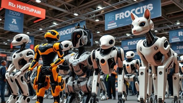 Faraday Future robotics display at tech expo featuring humanoid and canine robots.