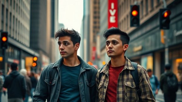 Two people look emotional in a city street scene.