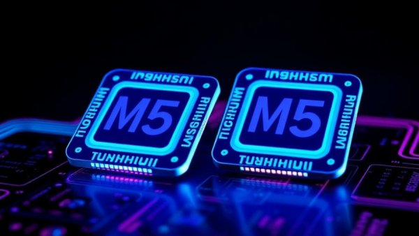 Apple M5 Pro and Max chips on black background