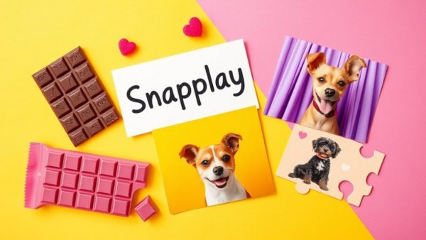 Collage with chocolate, Snapplay card, photos, art puzzle on colorful backdrop