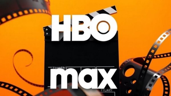HBO Max logo with film reel and clapperboard on orange background.