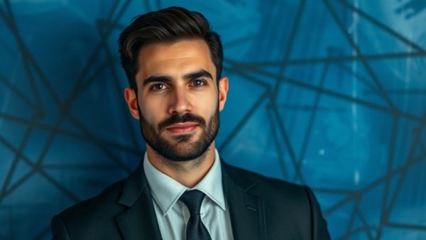 Calm, bearded man in a dark suit against abstract blue background.