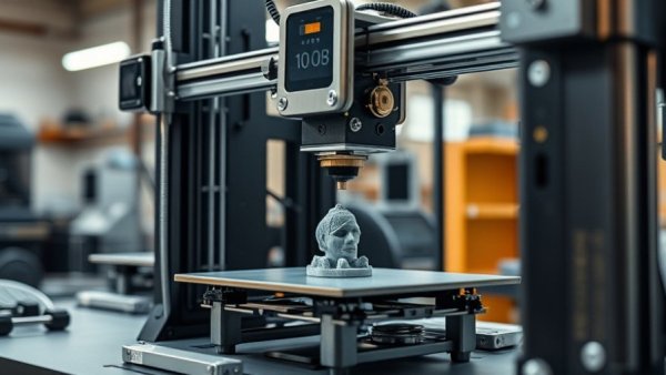 High-tech 3D printer producing an object in modern workshop.