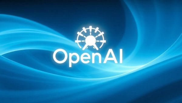 OpenAI logo against a swirling blue abstract background