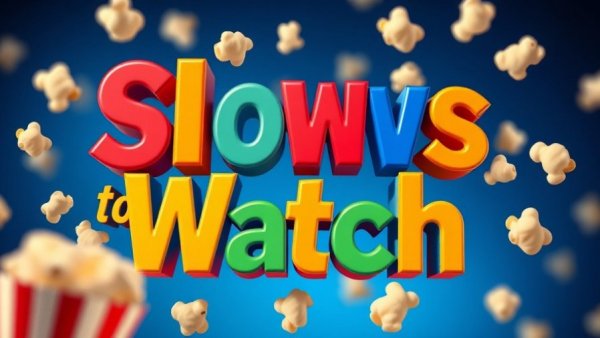 Vibrant text for new shows to watch with floating popcorn.