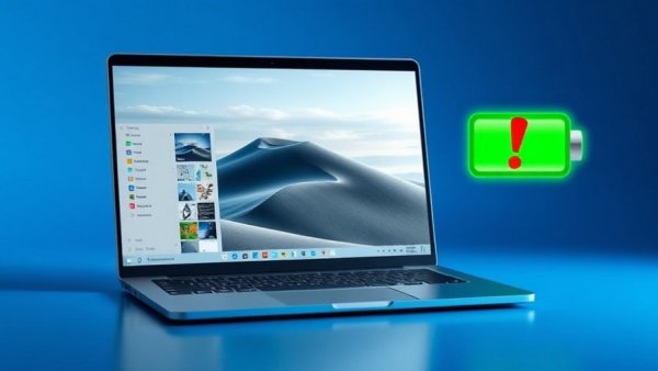 Windows 11 laptop with battery drain warning icon.