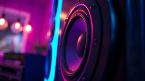 Modern speaker illuminated in blue and pink light, importance of amplifiers in sound systems.
