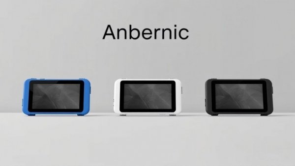 Anbernic dual-screen handheld consoles, blue, white, black, on gray background.