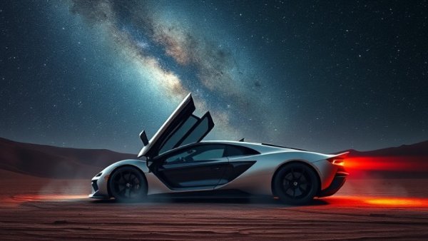 Futuristic sports car with open doors under starry sky, Tesla Roadster production.