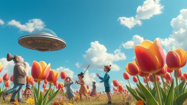 Whimsical scene with oversized tulips and UFO; Indie game subscription vibe.