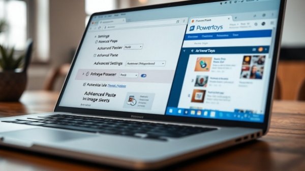 Laptop showing PowerToys settings and web browser for Windows automation.
