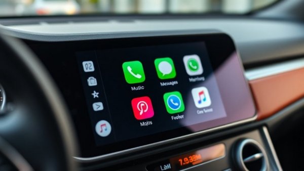 Modern car infotainment screen displaying CarPlay apps, sleek interior.