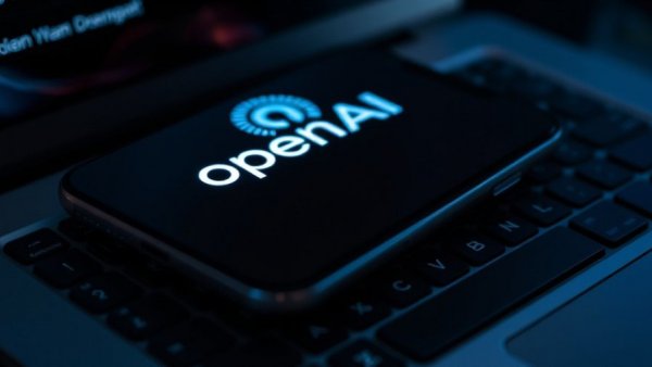 OpenAI logo glowing on a smartphone, tech background