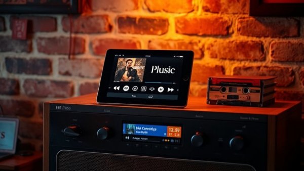 Repurposed Fire tablet as music device beside cassette tapes.