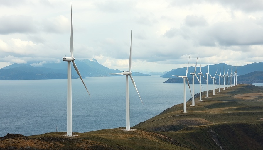 Energy-efficient upgrades with wind turbines along a coastal landscape.