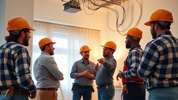 dynamic setup of electrician installation, interactive, among a team, photorealistic, in a newly renovated apartment, highly detailed, teamwork in progress with tools, richly colored, bright ambient light, shot with a standard lens.