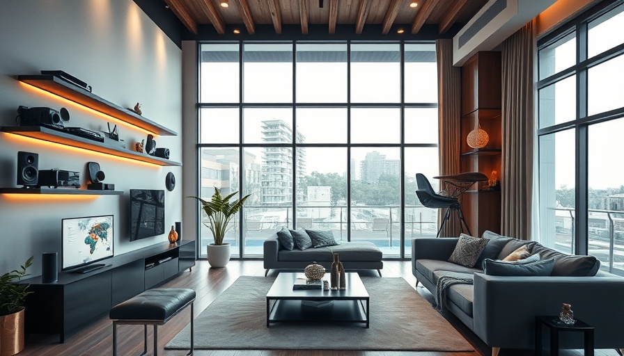 Smart home technologies in a modern living room setting.