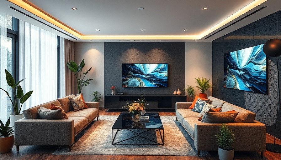 Modern living room with smart home automation integration.