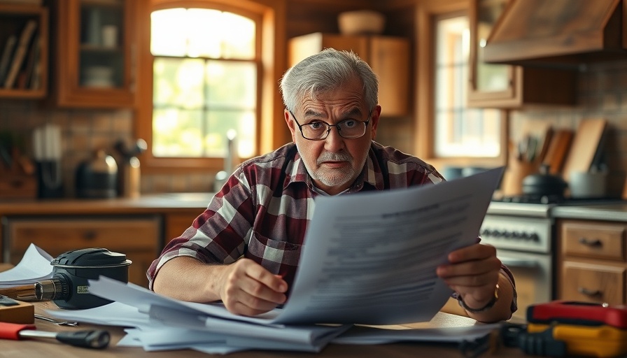 Anxious older man reviewing home improvement contract in rustic kitchen.