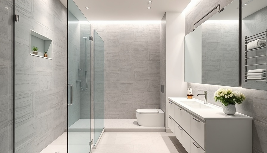Modern shower with gray tiles in contemporary bathroom.