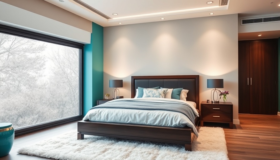 Modern bedroom with stylish window, dark wood, and teal accents